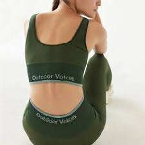 Outdoor Voices Womens Green Sports Bra Leggings Set Seamless Ribbed Athleisure